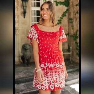 NWT Love Riche Women's Boho Floral Red Floral Ruffle Mini Dress Size Medium